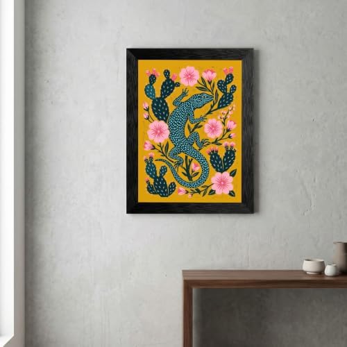 Framed Canvas Wall Art Folk Art Lizard Pink Desert Flowers Mustard Yellow Teal Blue Textured Screen Print Canvas Print Poster Black Frame Wall Decor for Living Room, Southwestern Decor - Inch 8x10 - 3