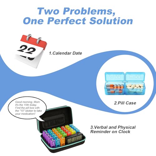 Image of Monthly Pill Organizer 2 /3 Times a Day, with Portable Hard Shell, Pill Cutter, 31-Day Box, Plastic Opening Pick, Monthly & Weekly Stickers, Medication Management (Green, 2 Times a Day with Clock)