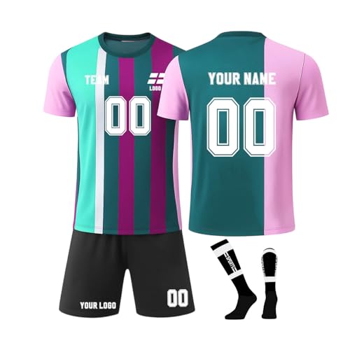 Kits de fútbol para niños y adultos, camiseta de fútbol personalizada con número de nombre, conjunto de camisetas de fútbol y pantalones cortos y calcetines, regalos de fútbol para niños y niñas, rosa