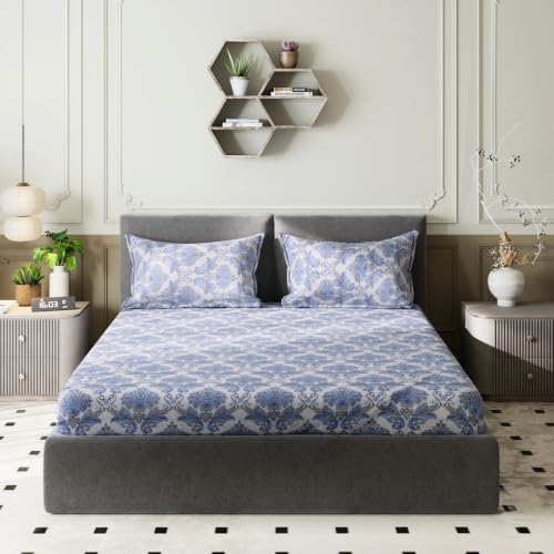 Image of Amazon Basics - 100% Cotton Flat Bedsheet | 180TC |King Bed Sheet with 2 Pillow Cover|Soft Cotton | Floral Print | 90 Inch x 108 Inch, Light Grey