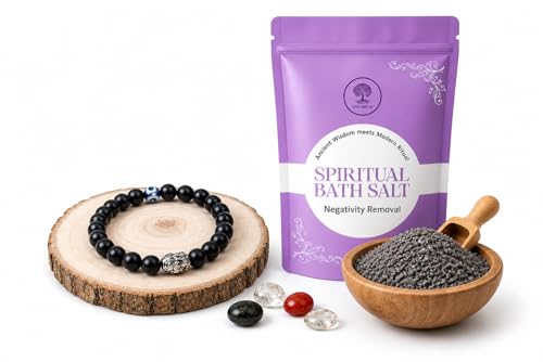 Image of Negativity Removal Bath Salt 200g & Black Tourmaline Evil Eye Bracelet Aura Cleansing, Spiritual Protection & Negative Energy Removal Combo for Men & Women