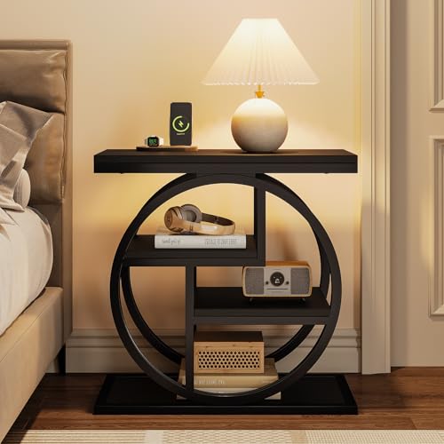Image of Tribesigns End Table Set of 2, 4-Tier Narrow Side Table with Storage Shelves, Wood Small Sofa Side Table with Geometric Metal Frame, Modern Bedside Table for Bedroom, Living Room, Black