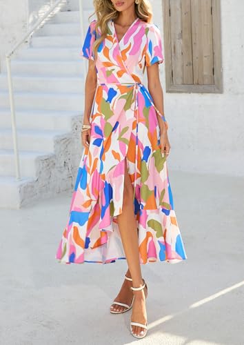 Image of PRETTYGARDEN Women's Summer Wrap Maxi Dress Casual Boho Floral V Neck Short Sleeve Ruffle Hem Split Beach Long Dresses