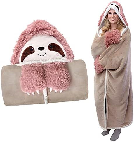 Mutjida Sloth Wearable Hooded Blanket for Adults - Adorable Soft Cozy Plush Flannel Fleece & Sherpa Hoodie Throw Cloak Wrap - Sloth Gift for Women (Pink Fur)