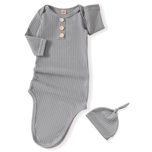 Image of AMAWMW Newborn Baby Boys Girls Cartoon Sleeper Gown Long Sleeve Mountain Nightgown Hat Outfits