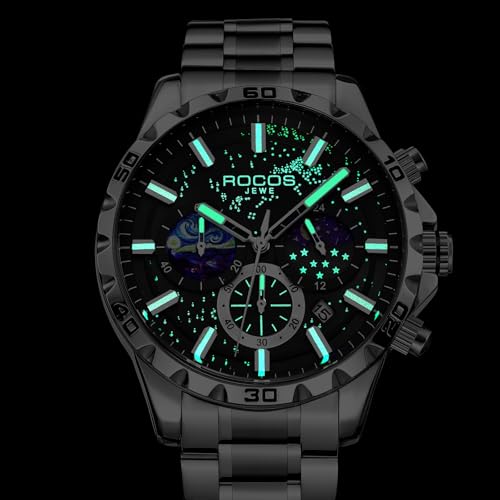Image of ROCOSJEWE R0916 Men's Quartz Watch with Blue and Black Dial, Stainless Steel Strap, Date, Moon Phase and Luminous Hands