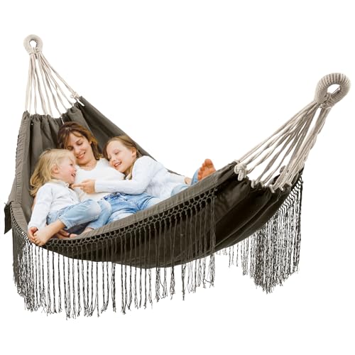 HOMELEVEL Hamaca Colgante de Macramé - Hamacas Transpirables 220 x 115 cm de Algodón - para Jardin Arbol Terraza Camping Exterior e Interior - con Bolsillo Lateral - hasta 120 kg