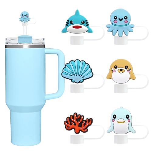 Cute Blue Animals Straw Covers Cap Compatible With Stanley Cup, Straw Topper for 30&40 Oz Stanley Tumbler with Handle,6Pcs 10mm 0.4in Reusable Straw Tips Lids Dust-Proof Topper for Water Bottle
