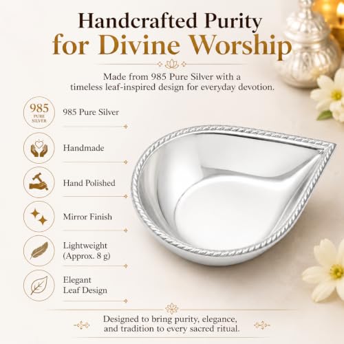 Image of 925 Sterling Silver Diya Ghee Vilakku Lamp for Pooja, Handcrafted Silver Pooja Item for Home Temple, Lakshmi Puja, Navratri, Diwali, Wedding, Housewarming, Annaprashan & Return Gift