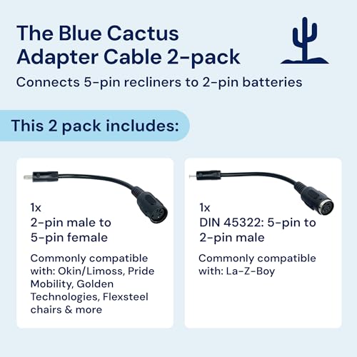 Image of Blue Cactus 2 to 5-pin Adapter Cables for Recliner Battery Pack, 2-Pack | Connects Battery to Major Recliner Brands - 1pc 2-pin to 5-pin - 1pc DIN 45322: 5-pin to 2-pin - Compatible with La-Z-Boy