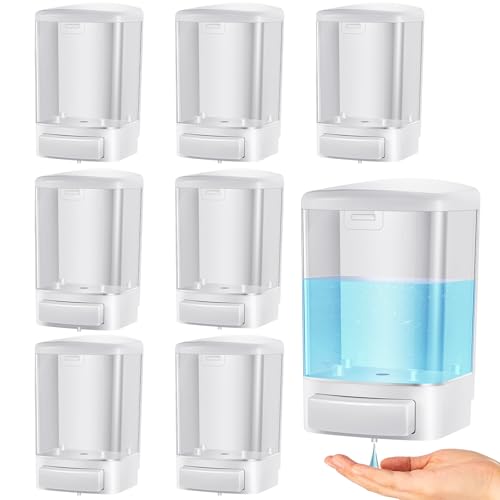 Image of Hushee 8 Pcs Plastic Wall Mounted Soap Dispenser Commercial Manual Soap Containers Wall Dispenser for Kitchen Shower Hotel Liquid Shampoo Gel Chamber (33.8 oz 1000 ml,White)