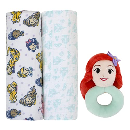 Disney Princess White, Pink, Yellow, And Aqua 2Pk 100% Cotton 44" X 44" Muslin Swaddles With Ariel Plush Rattle #TOP30