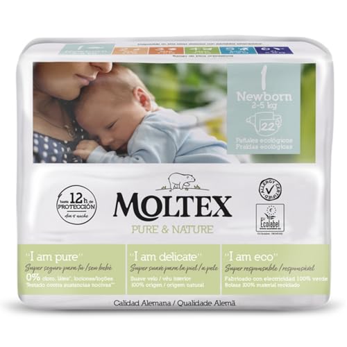 Pañales Infantiles Ecológicos Moltex Pure&Nature. Pañales Desechables. Pañales con Tecnología de Sequedad Instantánea. Hasta 12 Horas Seco. (Talla 1 (22 unidades))