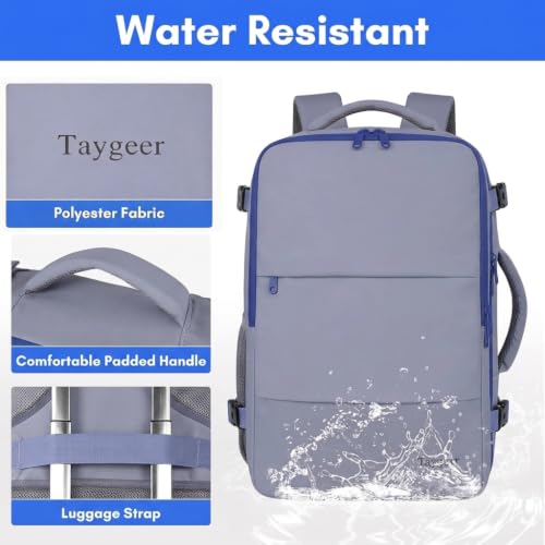 Image of Taygeer Large Travel Backpack for Men Women, 35L Carry On Backpack | Airline Approved Personal Item Travel Bag with Water Bottle Pocket & Shoe Pouch, Laptop Backpack for Gym Hiking, Gray Blue