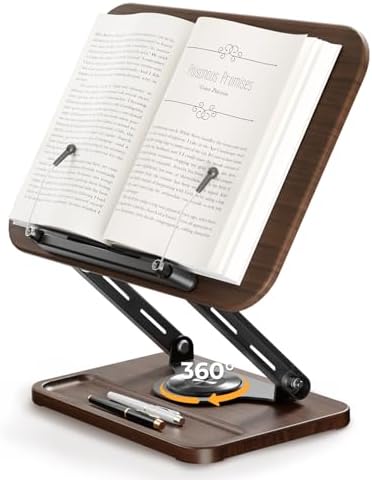 Adjustable Book Stand & Book Holder with 360° Rotation, Height Adjustable Reading Stand with Extendable Page Clips and Mini Storage — Premium Wooden Cookbook Holder for Thick Books, Study & Office