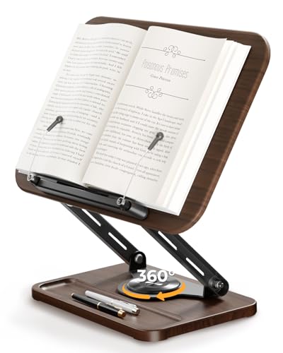 SupeDesk Buchständer zum Lesen, Buchhalter mit 360° drehbarer hölzerner Basis & Stiftschlitz, verstellbarer Holz-Buchhalter Leseständer mit elastischem Kugel-Seitenclip für Zeitschrift,Tablet,Laptop