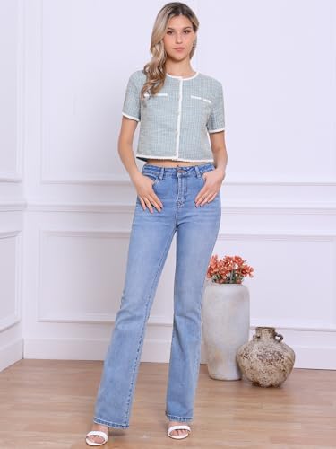 Image of Allegra K Short Sleeve Tweed Jacket for Women Summer Crew Neck Button Front Cropped Cardigan