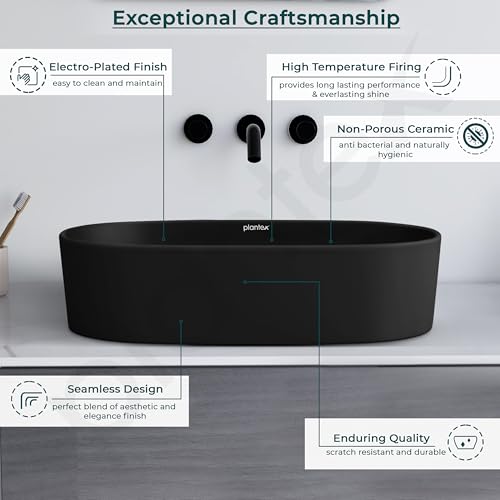 Image of Plantex Ceramic Wash Basin for Bathroom /Oval Table Top Basin /Countertop Vessel Sink for Home /Hotel - (Charcoal Black- 22 x 14 x 6 inch)