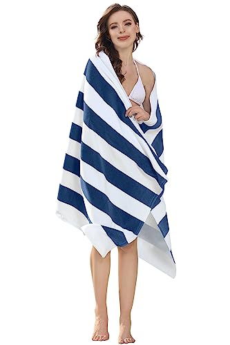 WINDMILL Large Beach Towel 30\"x60\" Cabana Striped Beach Towel 100% Cotton Swim Towel, Pool Towel, Navy Beach Towel