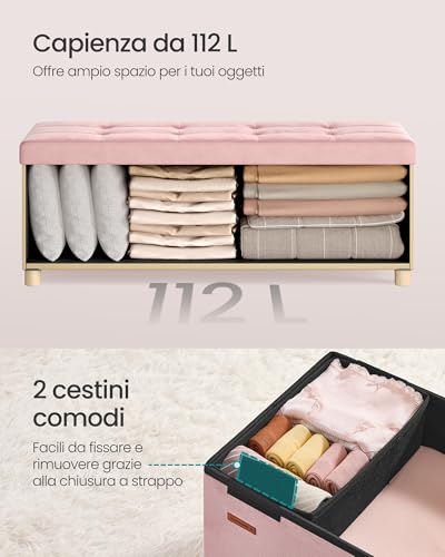 SONGMICS Pouf Contenitore, Cassapanca Pieghevole, 38 x 110 x 40 cm, Sgabello Poggiapiedi, 112 L, Superficie in Velluto, per Camera da Letto Soggiorno, Rosa Pastello LSF0518R02 - Immagine 5