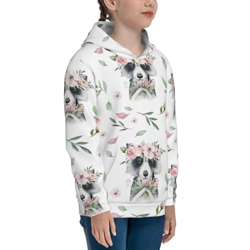 Watercolor Floral with Raccoon Kids Pullover Hoodies Boys Sweatshirts Girls Athletic Clothes with Pocket3