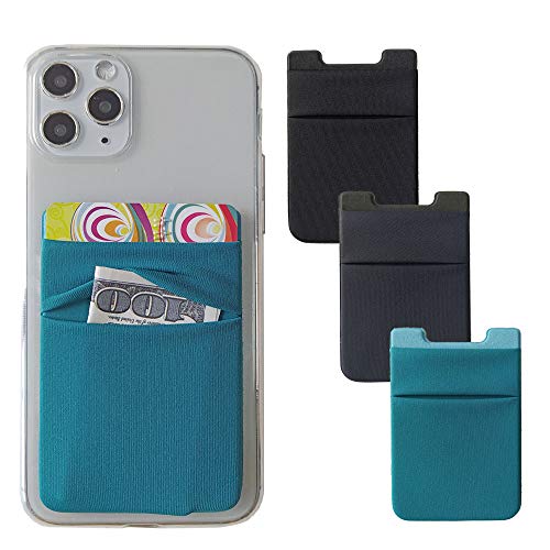 3Pack Cell Phone Card Holder Stretchy Double Pocket Lycra Stick on Wallet Credit Card ID Case Pouch Sleeve 3M Adhesive Sticker for Back of iPhone Android Smartphones-Dark Green Blue Gray Black