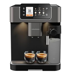 Grundig KVA 8230 Kaffeevollautomat, Kaffeemaschine, 18 Kaffeespezialitäten, 13 Mahlgrade, Milchbehälter, leistungsstark 1350 W, 19 Bar Pumpendruck, Zweifachdüse, Beleuchtung, Schwarz/Dunkelsilber