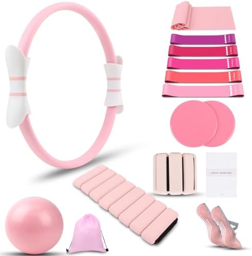 16 PCS Pink Pilates Ring and Ball Set for Women with 15" Magic Ci...