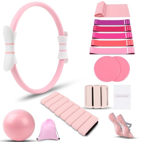 16 PCS Pink Pilates Ring and Ball Set for Women with 15' Magic Circle, Home Pilates Equipment Kit...