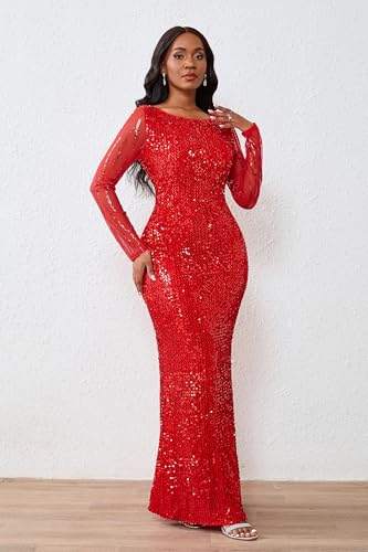 Image of VERWIN Women's Sequins Bodycon Round Neck Long Sleeve Sparkly Mermaid Maxi Dress for Casual Party Cocktail