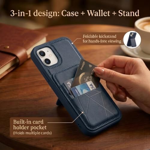 Image of amazon basics Premium Vegan Leather Back Cover with Card Holder and Integrated Mobile Stand for iPhone 11 - Slim Shockproof Wallet Case with Geometric Stitching [Blue]