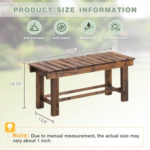 LSPYYDS Outdoor Garden Bench, 2-Person Wood Patio Bench Weatherproof Outdoor Backless Bench, Anti-Corrosion and Anti-Rust Garden Benches for Garden Lawn Porch Park Backyard (Carbonized,35.5\'\'/90cm)