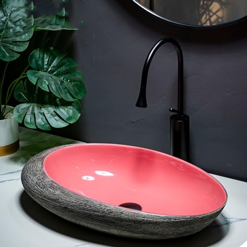 Lavabo Ovalado De Cerámica con Grifo Y Escurridor, para Baño, sobre Encimera, 60 Cm De Largo X 33 Cm De Ancho X 9 Cm De Alto.