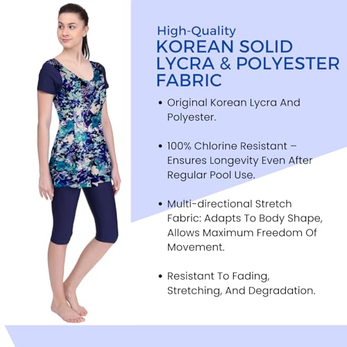 Image of Originals Swimming Costume for Women's One-Piece Beach Wear with Sleeve & Skirted 3 /4 Leggings Maximum Covered Swim Wear Dress (L - 7XL)