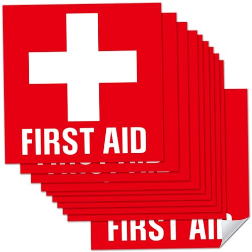BELATASO First Aid Kit Sign Sticker, 10 First Aid with Cross Symbol Sticker for Car, Office or Business Emergency First Aid Kit. 5 x 5 Inches Vinyl