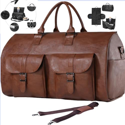 Snap on zipper suit suit travel bag carry on overnight bag waterproof leather duffel bag men and women convertible garment bag sports bag two-in-one hanging suitcase (Leather, brown), PG0012