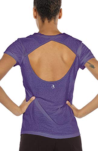 Icyzone Open Back Workout T-Shirts For Women - Running Gym Shirts Yoga Tops Exercise Short Sleeves (S, Purple) #TOP25