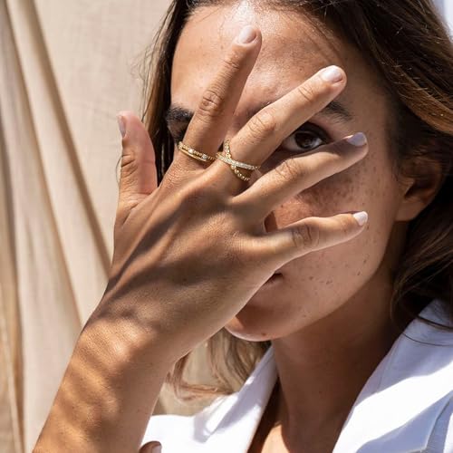 Bead Criss Cross Wedding Band for Women Cubic Zirconia Engagement Ring 14K Gold Plated Trendy Stackable Rings Eternity Band for Her Size 6-83