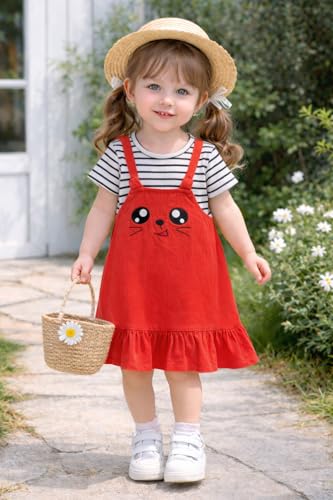 Image of Bold N Elegant Multicolor Stripe Cartoon Face Summer Tunic Pinafore Pinny Midi Dress Frock for Infant Toddler Baby Girls