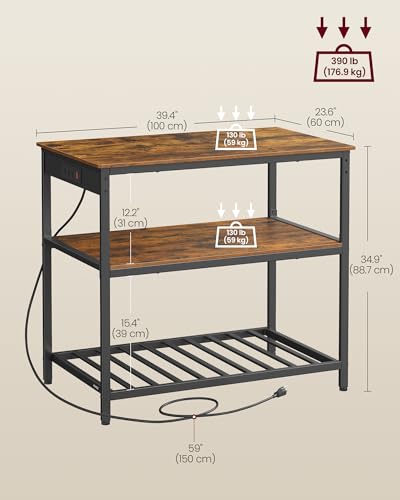 Image of VASAGLE Kitchen Island with 3 Shelves, 39.4 Inches Width Kitchen Shelf with Power Strip, Large Worktop, Stable Steel Structure, Industrial, Easy to Assemble, Rustic Brown and Black UKKI105K01