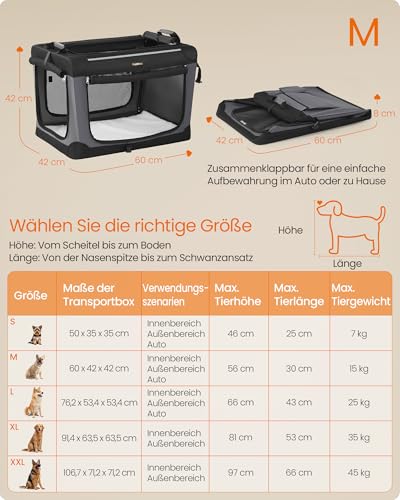 Feandrea Hundebox faltbar, 60 cm Transportbox für kleine Hunde, Hundetasche, Oxford-Gewebe, mit 4 Türen aus Netzstoff, Griffen, Taschen für Futter und Wasserflasche, tintenschwarz PDC016B01