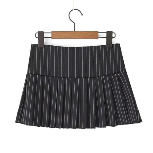 Y2K Black Striped Pleated Mini Skirt with Side Zipper and Bow Detail2