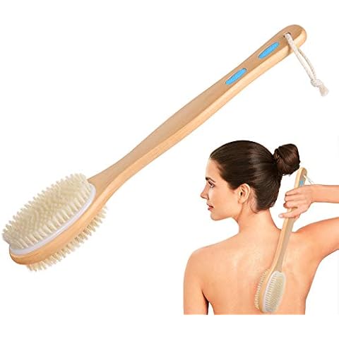 URAQT Rückenbürste Massagebürste Badebürsten, Doppelseitige Naturborsten Duschbürste Körperbürste Holz Schrubber mit Langem Stiel für Peeling Massage Verbessern die Durchblutung Cellulite Cover