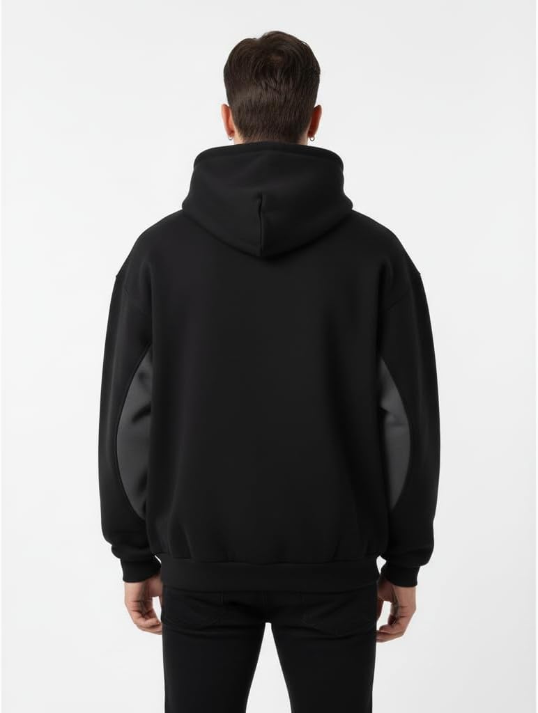 YoungCash Men’s Color Block Pullover Hoodie – Soft Fleece Sweatshirt with Drawstring Hood, Black & Charcoal - Image 3