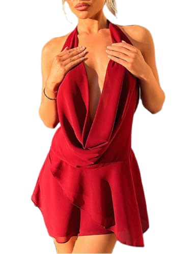 Image of Women Halter V Neck Mini Dress Sexy Sleeveless Backless Slim Fit Party Club Short Dress Y2K Beach Sundress