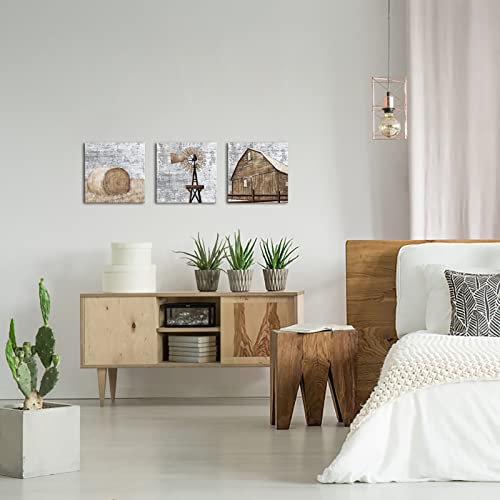 Atgowac Rustic Windmill Painting Canvas Wall Art Farmhouse Wall Decor Country Landscape Painting Framed For Dining Room Kitchen Decor 12"X12"X3 Pieces #TOP3