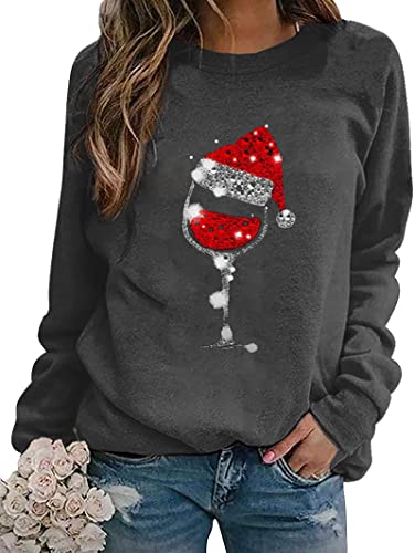 kecukqay Women Christmas Sweatshirt Funny Red Wine Glass Christmas Shirt Xmas Santa Hat Graphic...