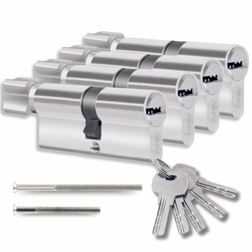 Lot de 4 cylindres 40/40 mm avec bouton – 8 vis – 10 clés incluses – Montable facilement – Clé universelle pour tous les cylindres – Longueur 80 mm