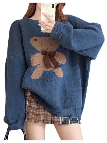 Verdusa Women's Cartoon Oversized Sweater Cute Drop Shoulder Pullover Knit Tops