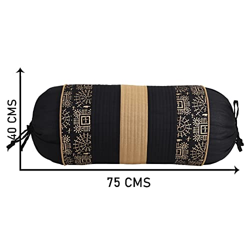 Image of Gifts Island Set of 2 Polyester Silk Traditional Hand-Block Printed & Striped Bolster Covers (Black)